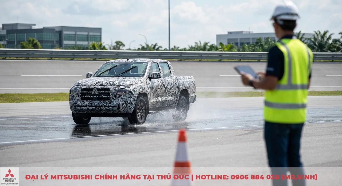 Xe b&aacute;n tải Triton 2026 nguy&ecirc;n mẫu chạy tr&ecirc;n đường thử ướt, một kỹ sư an to&agrave;n mặc &aacute;o phản quang đang theo d&otilde;i bằng m&aacute;y t&iacute;nh bảng