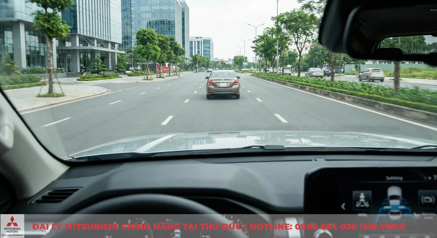 Quang cảnh từ ghế l&aacute;i nh&igrave;n ra đường phố đ&ocirc; thị với xe ph&iacute;a trước, t&ograve;a nh&agrave; v&agrave; m&agrave;n h&igrave;nh hiển thị hệ thống an to&agrave;n ADAS