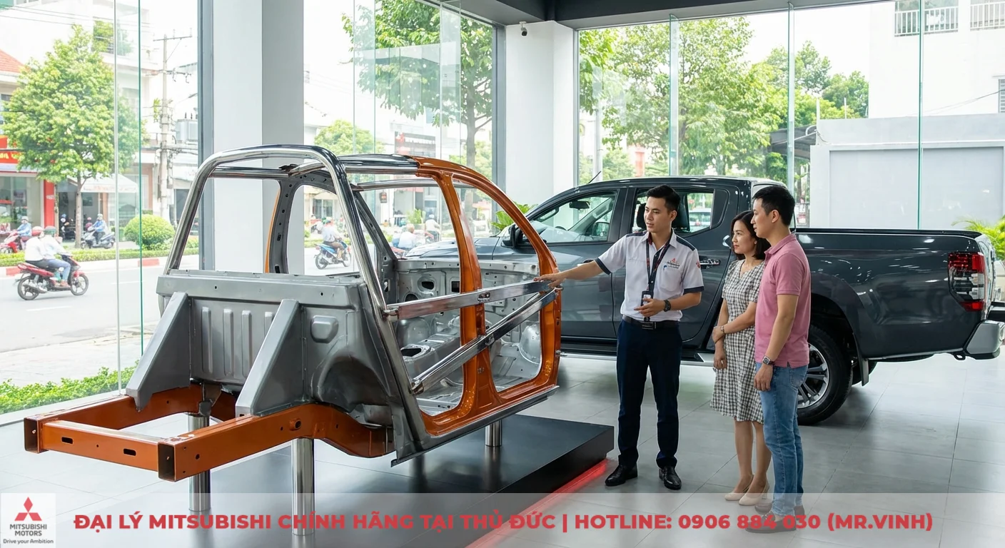 Cấu tr&uacute;c th&acirc;n xe v&agrave; khung gầm của xe b&aacute;n tải trưng b&agrave;y trong showroom, nh&acirc;n vi&ecirc;n đang giải th&iacute;ch cho cặp đ&ocirc;i kh&aacute;ch h&agrave;ng