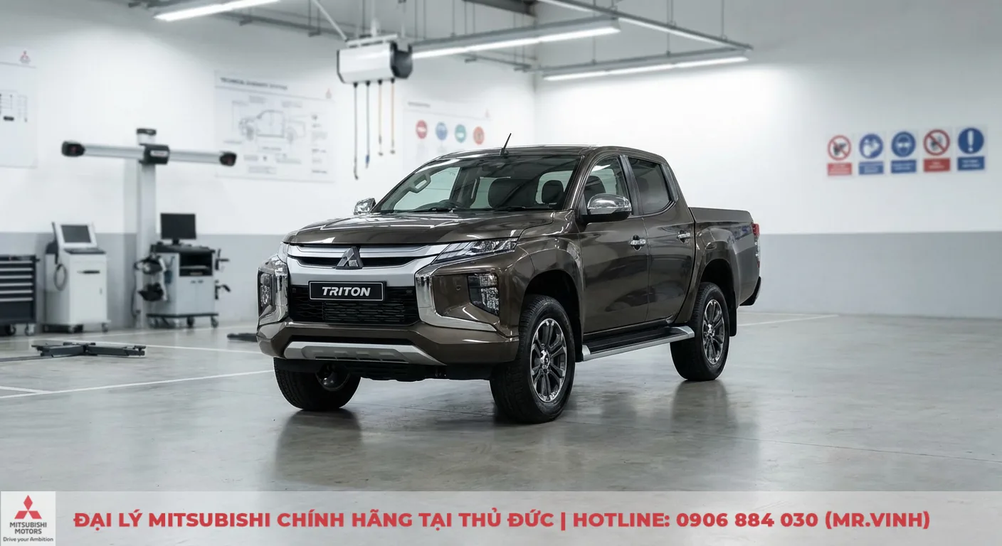 Xe b&aacute;n tải Mitsubishi Triton m&agrave;u n&acirc;u b&oacute;ng lo&aacute;ng đỗ trong garage hiện đại, chữ TRITON tr&ecirc;n lưới tản nhiệt c&ugrave;ng c&aacute;c thiết bị kiểm tra xe