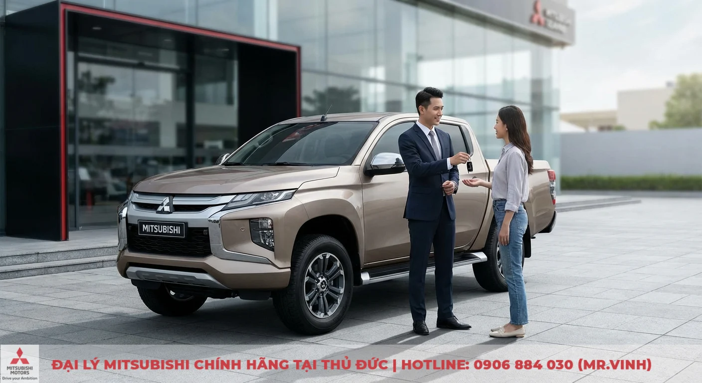Xe b&aacute;n tải Mitsubishi Triton m&agrave;u v&agrave;ng đồng đậu trước đại l&yacute;, nh&acirc;n vi&ecirc;n trao ch&igrave;a kh&oacute;a cho kh&aacute;ch h&agrave;ng