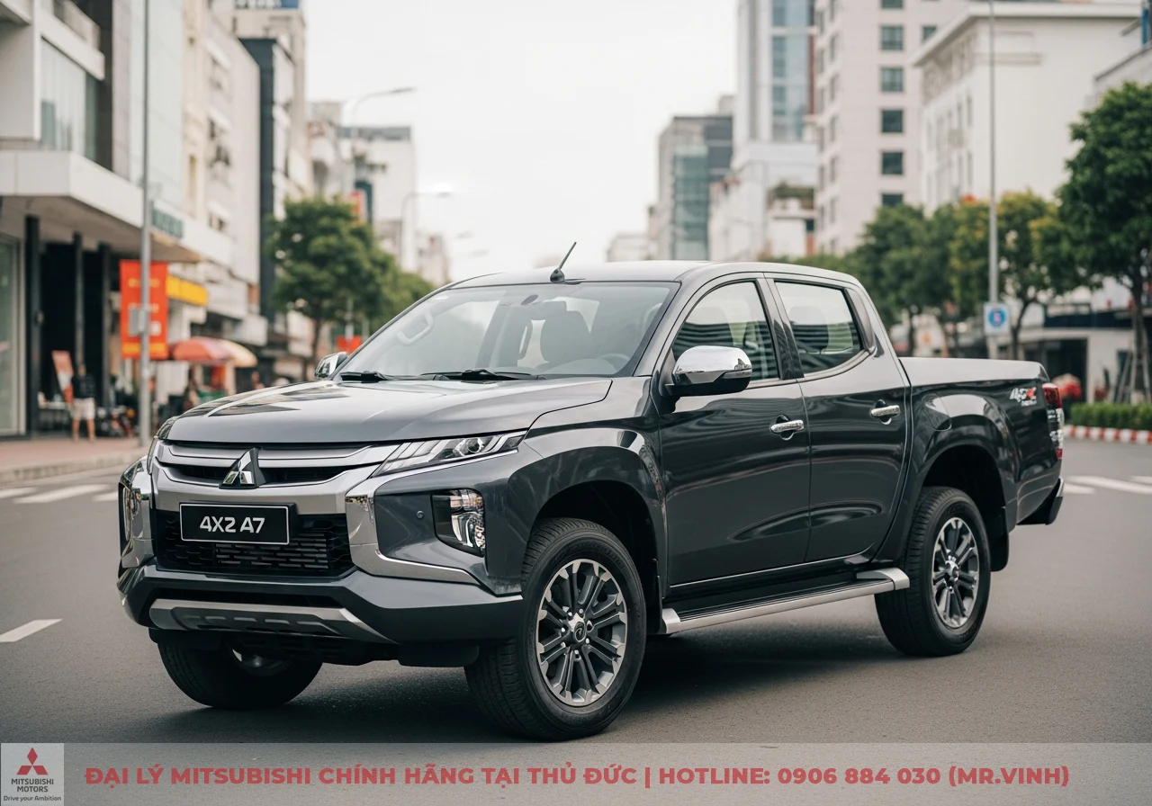 Xe b&aacute;n tải Mitsubishi Triton m&agrave;u x&aacute;m đậm đỗ tr&ecirc;n đường phố đ&ocirc; thị, nh&igrave;n từ g&oacute;c 3/4 ph&iacute;a trước với chữ 4X2 A7 tr&ecirc;n khung biển số