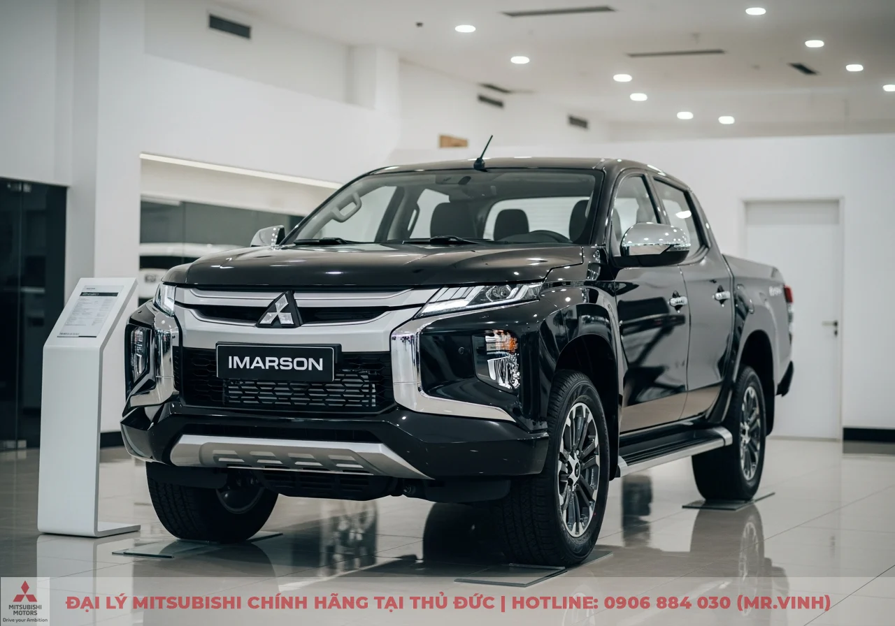 Xe b&aacute;n tải Mitsubishi m&agrave;u đen đang trưng b&agrave;y tại showroom, nổi bật với lưới tản nhiệt chrome v&agrave; m&acirc;m xe hợp kim