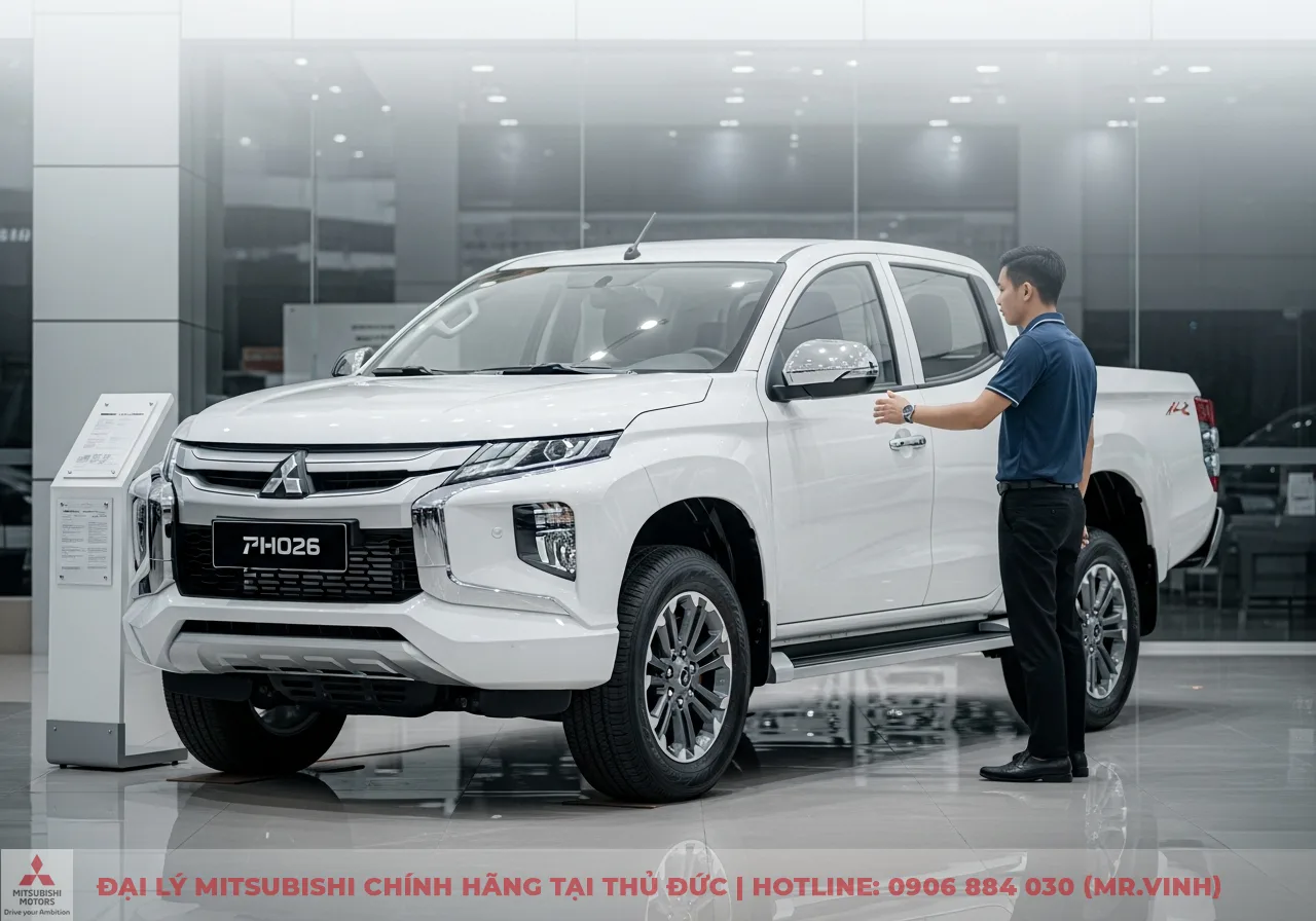 Xe b&aacute;n tải Mitsubishi Triton m&agrave;u trắng trưng b&agrave;y trong showroom, một người đ&agrave;n &ocirc;ng đứng cạnh cửa xe ph&iacute;a trước, biển số 71H026
