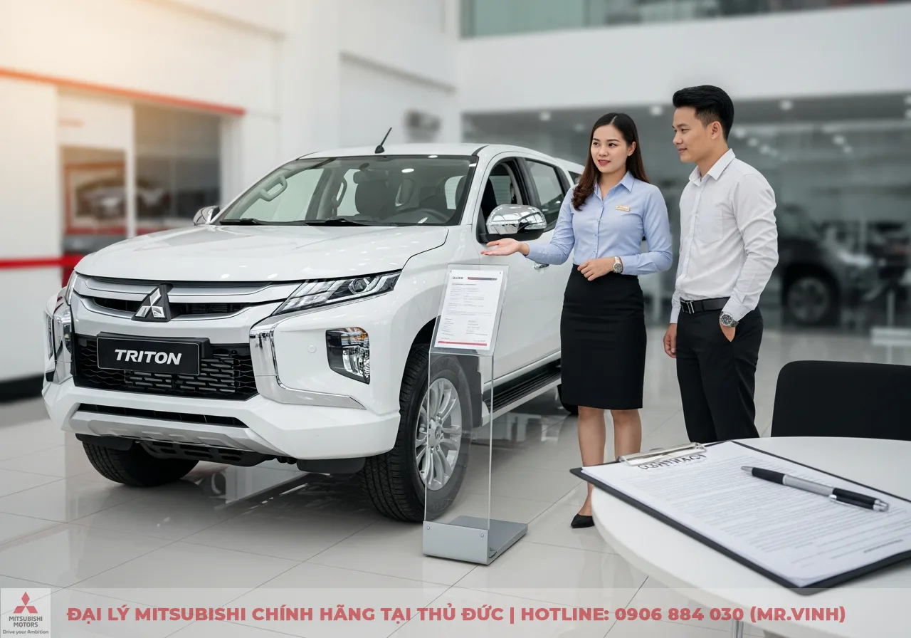 Xe Mitsubishi Triton màu trắng trưng bày tại showroom, nữ nhân viên tư vấn đang giới thiệu cho khách hàng nam. Hợp đồng trên bàn