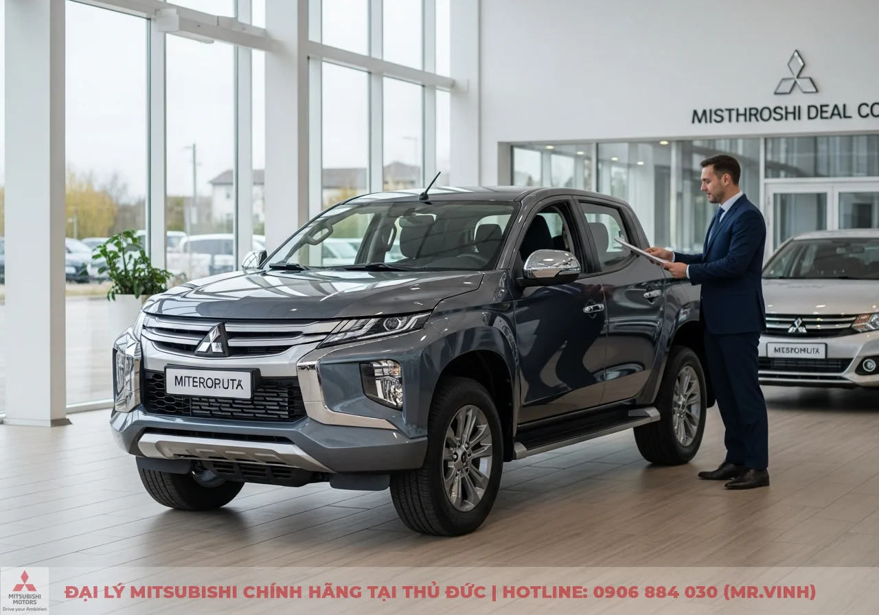 Xe bán tải Mitsubishi màu xám trong showroom, người đàn ông mặc vest cầm tài liệu đứng bên. Phía sau là xe Mitsubishi bạc và cửa kính