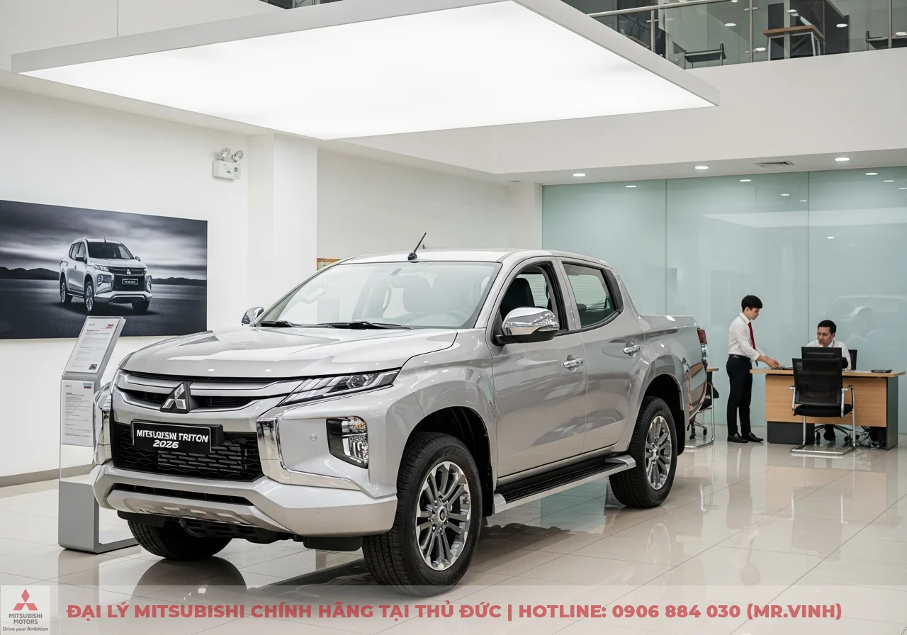 Xe bán tải Mitsubishi Triton màu bạc sáng bóng trưng bày trong showroom. Phía sau có poster xe và hai nhân viên đang làm việc tại bàn làm việc