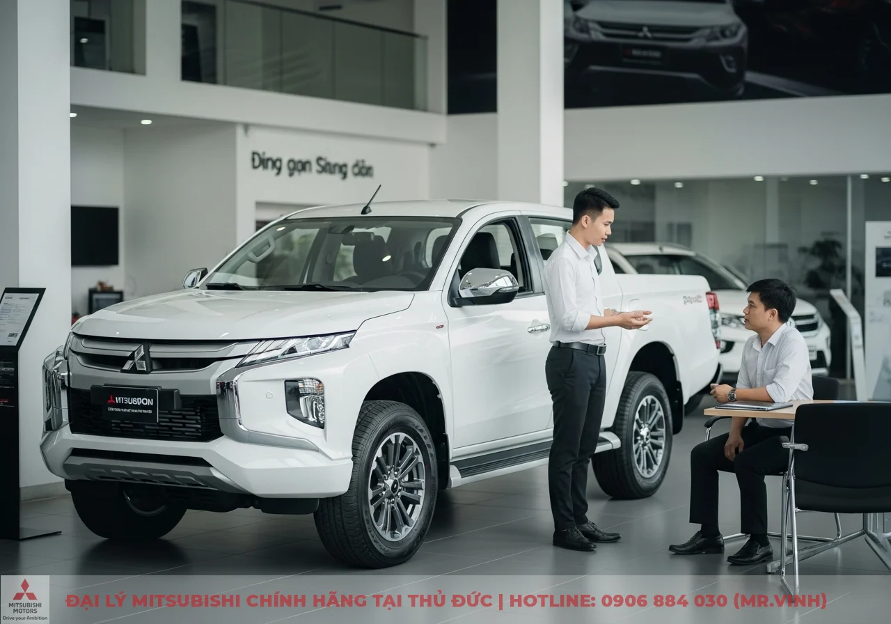 Hai người đàn ông áo sơ mi trắng đang trao đổi bên cạnh xe bán tải Mitsubishi Triton màu trắng trong showroom