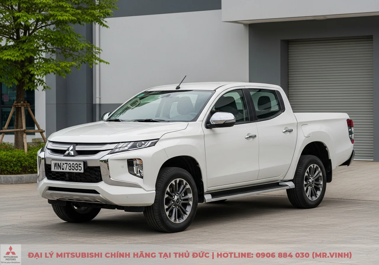 Xe b&aacute;n tải Mitsubishi Triton m&agrave;u trắng đỗ tr&ecirc;n s&acirc;n, biển số YIN 78935, nổi bật lưới tản nhiệt Dynamic Shield v&agrave; m&acirc;m đ&uacute;c hợp kim
