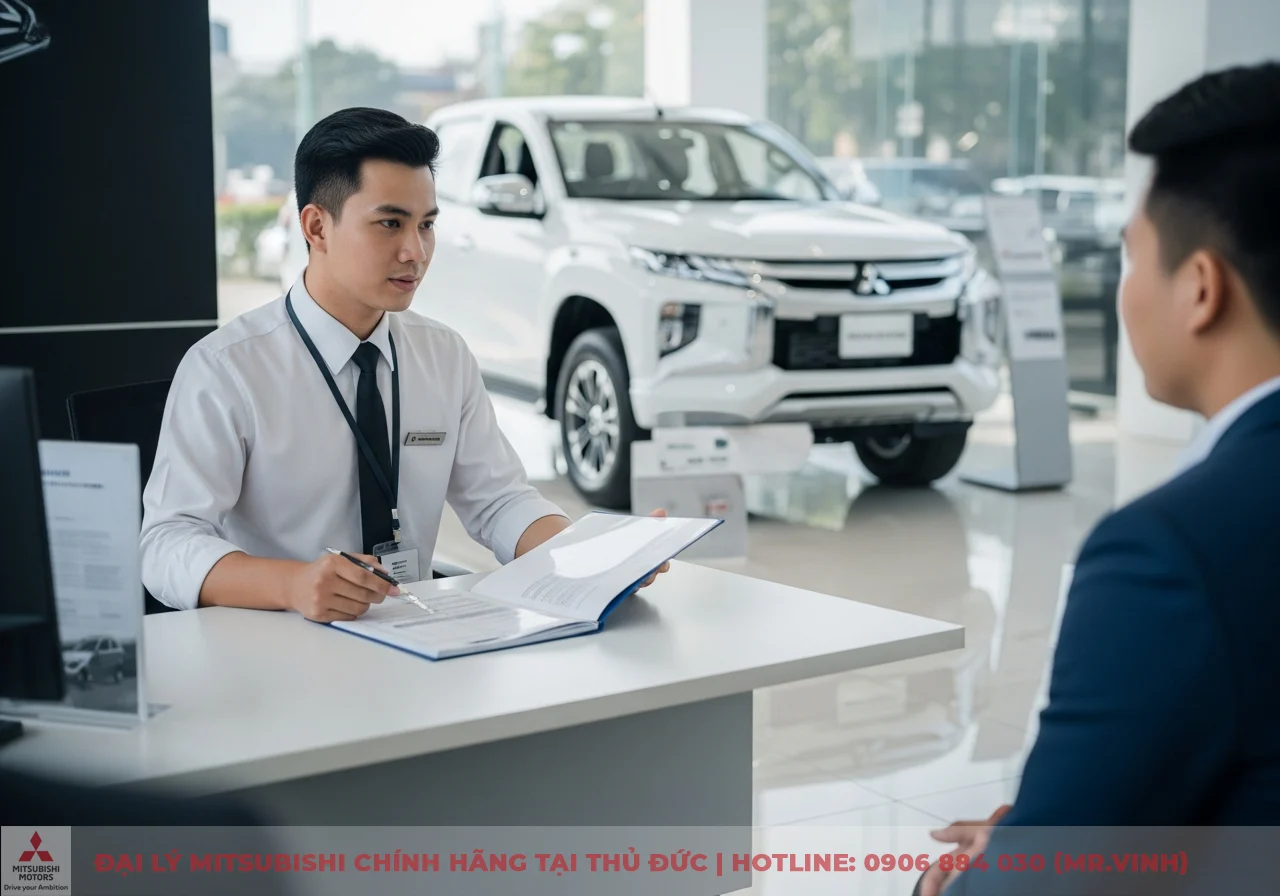 Nh&acirc;n vi&ecirc;n tư vấn Mitsubishi ngồi b&agrave;n l&agrave;m việc, cầm t&agrave;i liệu trao đổi với kh&aacute;ch h&agrave;ng, ph&iacute;a sau l&agrave; xe b&aacute;n tải Mitsubishi Triton m&agrave;u trắng nổi bật trong showroom