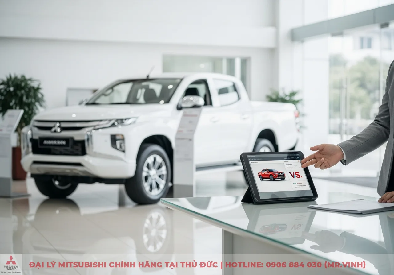 Xe b&aacute;n tải Mitsubishi Triton m&agrave;u trắng trưng b&agrave;y trong showroom, b&agrave;n k&iacute;nh ph&iacute;a trước c&oacute; m&aacute;y t&iacute;nh bảng hiển thị xe b&aacute;n tải v&agrave; một b&agrave;n tay đang thao t&aacute;c