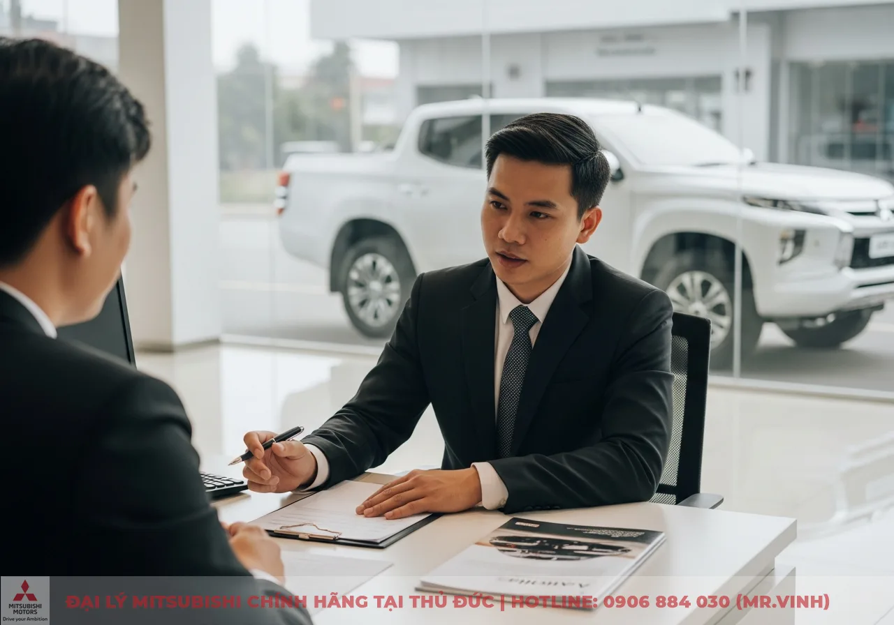 Hai người đ&agrave;n &ocirc;ng mặc vest ngồi đối diện nhau tại b&agrave;n tư vấn trong showroom, b&ecirc;n ngo&agrave;i qua cửa k&iacute;nh l&agrave; xe b&aacute;n tải Mitsubishi trắng