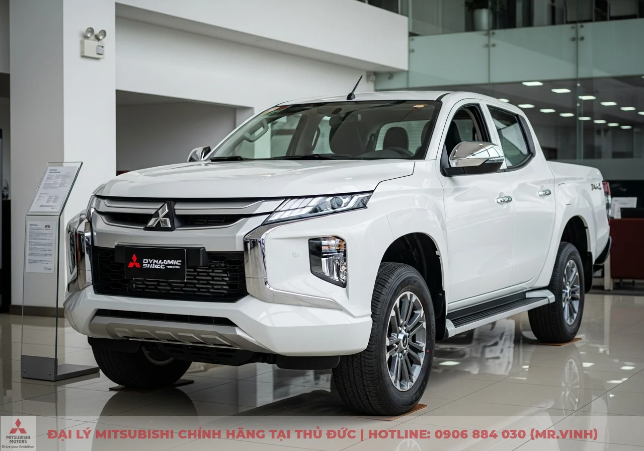 Xe b&aacute;n tải Mitsubishi Triton m&agrave;u trắng đỗ trong showroom, nổi bật với lưới tản nhiệt Dynamic Shield chrome v&agrave; cụm đ&egrave;n pha hiện đại
