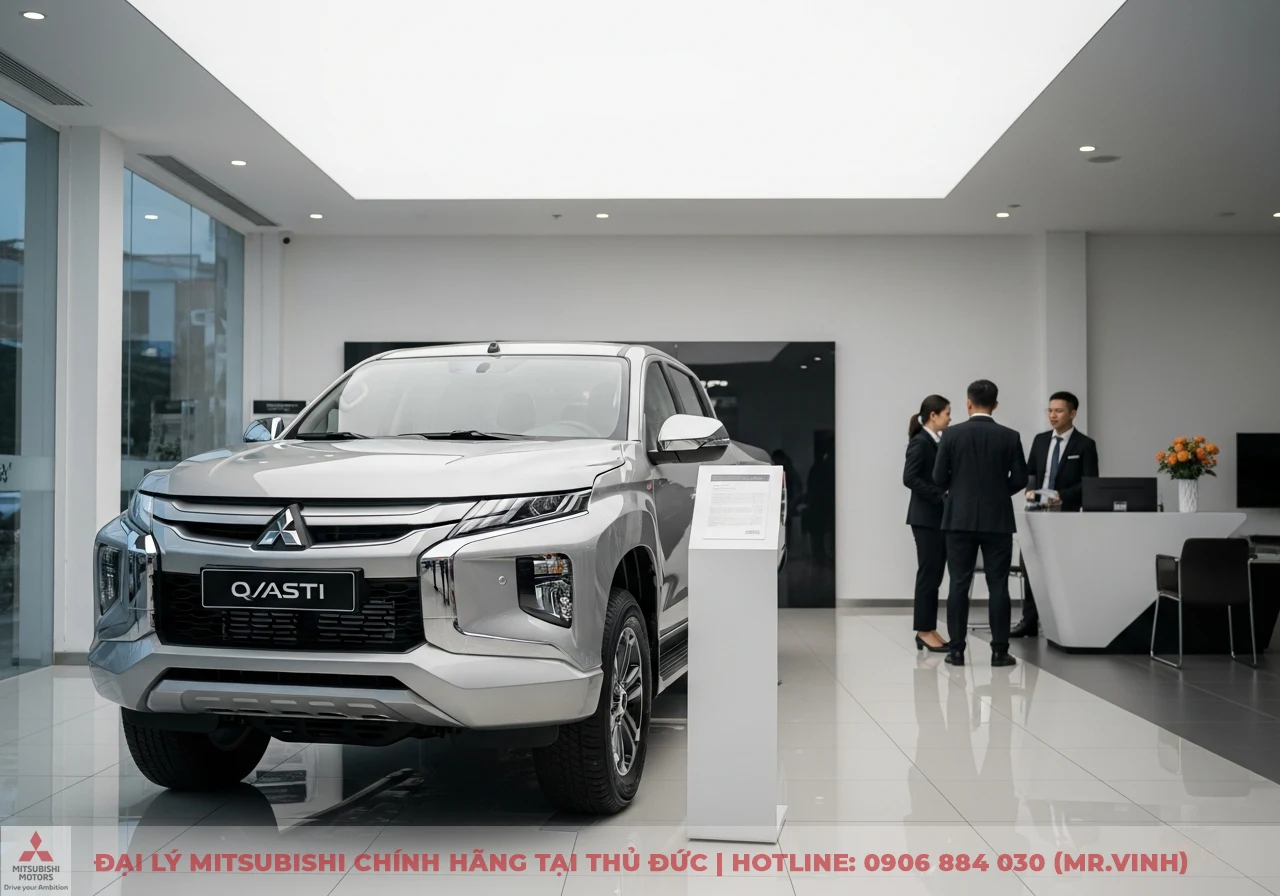 Xe b&aacute;n tải Mitsubishi m&agrave;u bạc b&oacute;ng lo&aacute;ng trưng b&agrave;y nổi bật trong showroom hiện đại, ba nh&acirc;n vi&ecirc;n đang đứng ở khu vực quầy lễ t&acirc;n