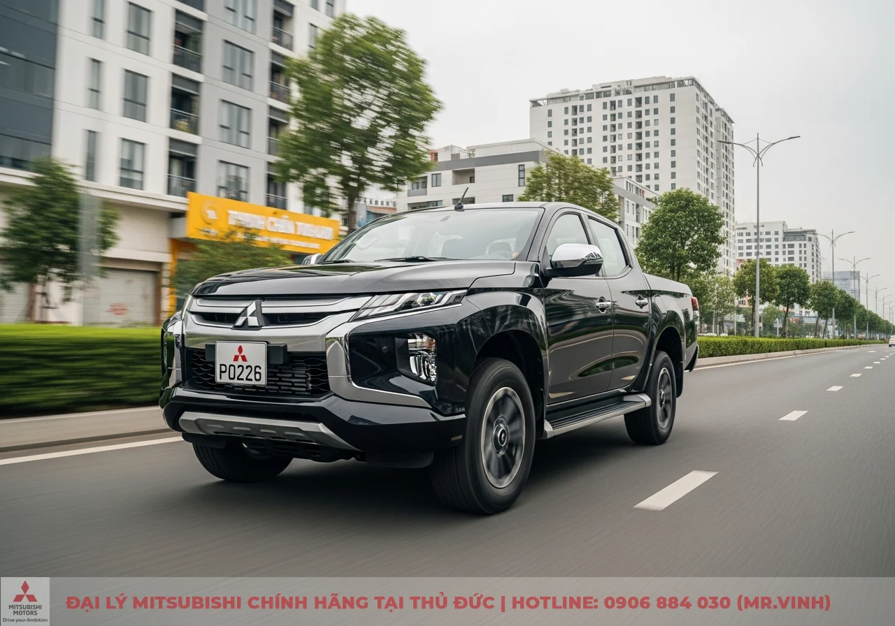 Xe b&aacute;n tải Mitsubishi Triton m&agrave;u đen với biển số P0226 đang di chuyển tr&ecirc;n đường phố c&oacute; c&acirc;y xanh v&agrave; t&ograve;a nh&agrave; cao tầng