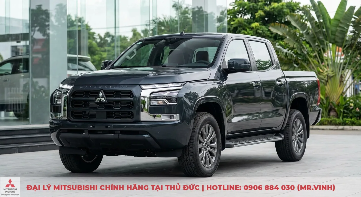 Xe b&aacute;n tải Mitsubishi Triton thế hệ mới m&agrave;u x&aacute;m đậm với thiết kế Dynamic Shield, lưới tản nhiệt lớn, đ&egrave;n LED sắc sảo v&agrave; cản trước vu&ocirc;ng vức, đỗ ngo&agrave;i trời