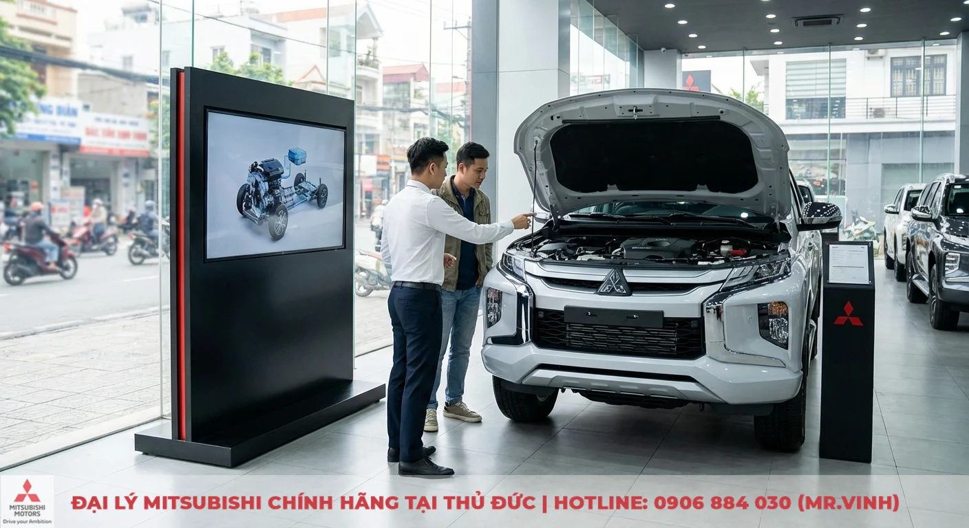 Trong showroom, nh&acirc;n vi&ecirc;n chỉ động cơ Mitsubishi Triton trắng mở mui cho kh&aacute;ch, m&agrave;n h&igrave;nh hiện khung gầm xe với hệ thống hybrid