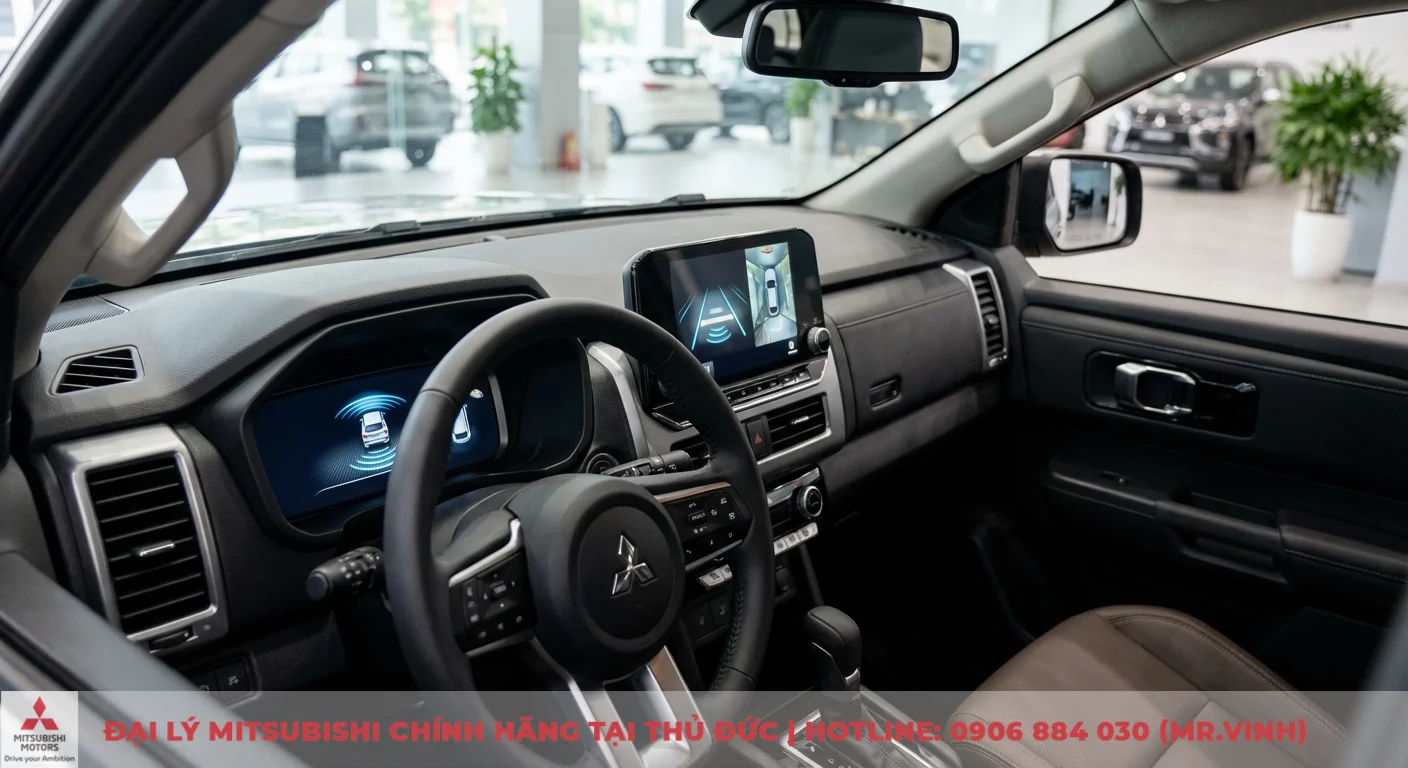 Nội thất xe Mitsubishi với v&ocirc; lăng, m&agrave;n h&igrave;nh giải tr&iacute; trung t&acirc;m hiển thị camera 360 độ v&agrave; m&agrave;n h&igrave;nh kỹ thuật số cảnh b&aacute;o va chạm