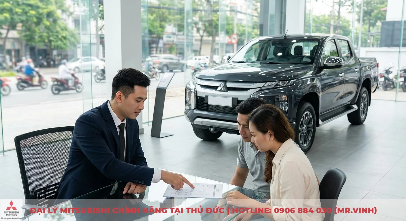 Đại diện b&aacute;n h&agrave;ng tư vấn kh&aacute;ch h&agrave;ng xem hợp đồng tại b&agrave;n k&iacute;nh trong showroom, cạnh xe b&aacute;n tải Mitsubishi Triton