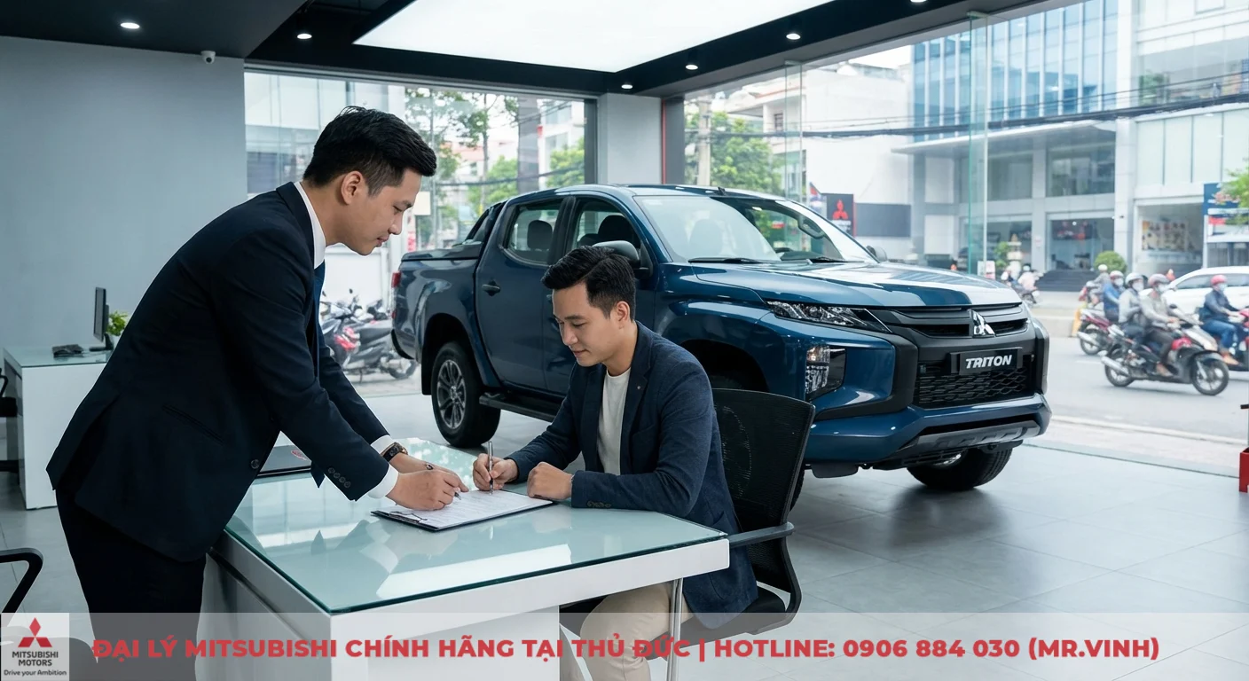 Hai người đ&agrave;n &ocirc;ng đang k&yacute; t&agrave;i liệu tr&ecirc;n b&agrave;n trong showroom trưng b&agrave;y xe Mitsubishi Triton m&agrave;u xanh, với đường phố nhộn nhịp b&ecirc;n ngo&agrave;i