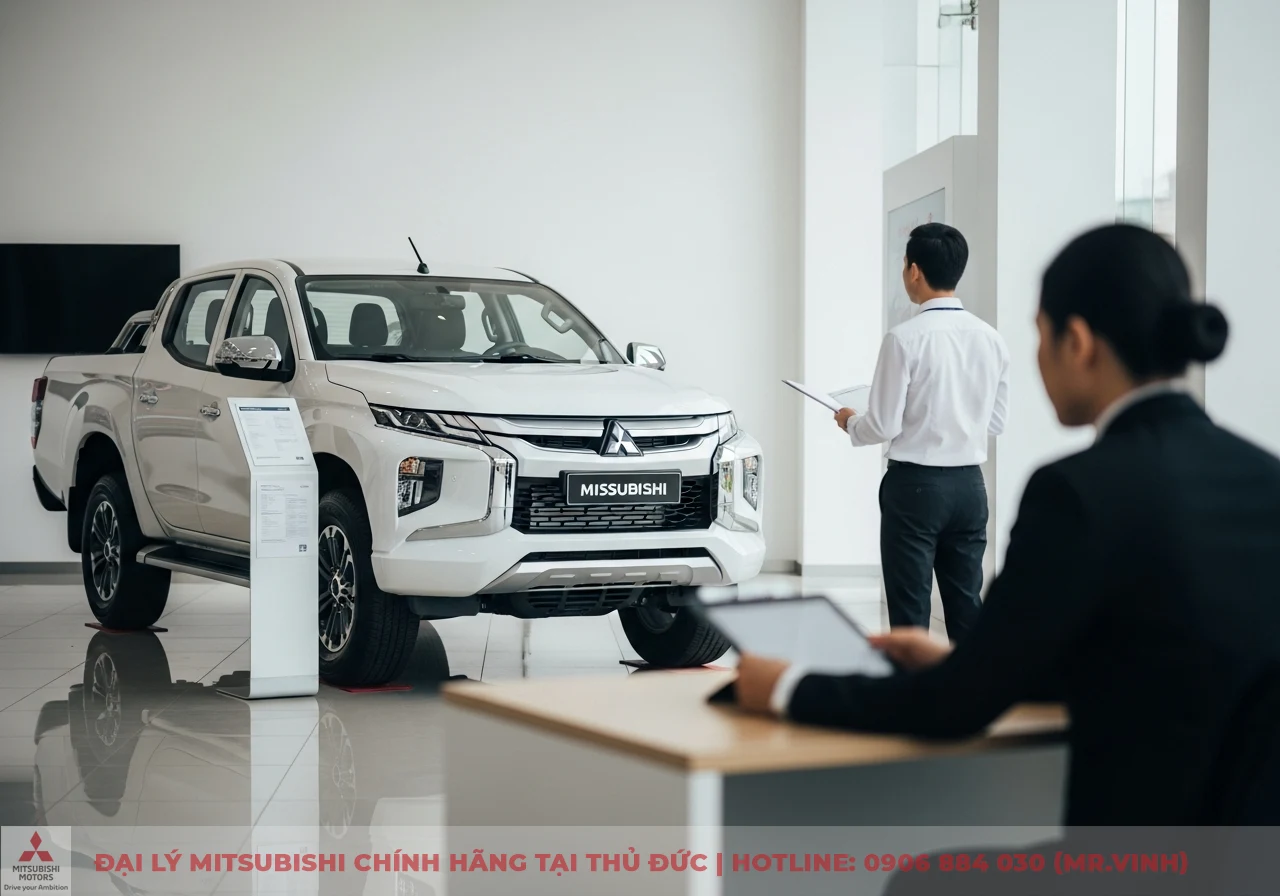 Xe b&aacute;n tải Mitsubishi m&agrave;u trắng trưng b&agrave;y tại showroom. Một người đ&agrave;n &ocirc;ng đứng cạnh xe cầm t&agrave;i liệu, một người ngồi b&agrave;n xem m&aacute;y t&iacute;nh bảng