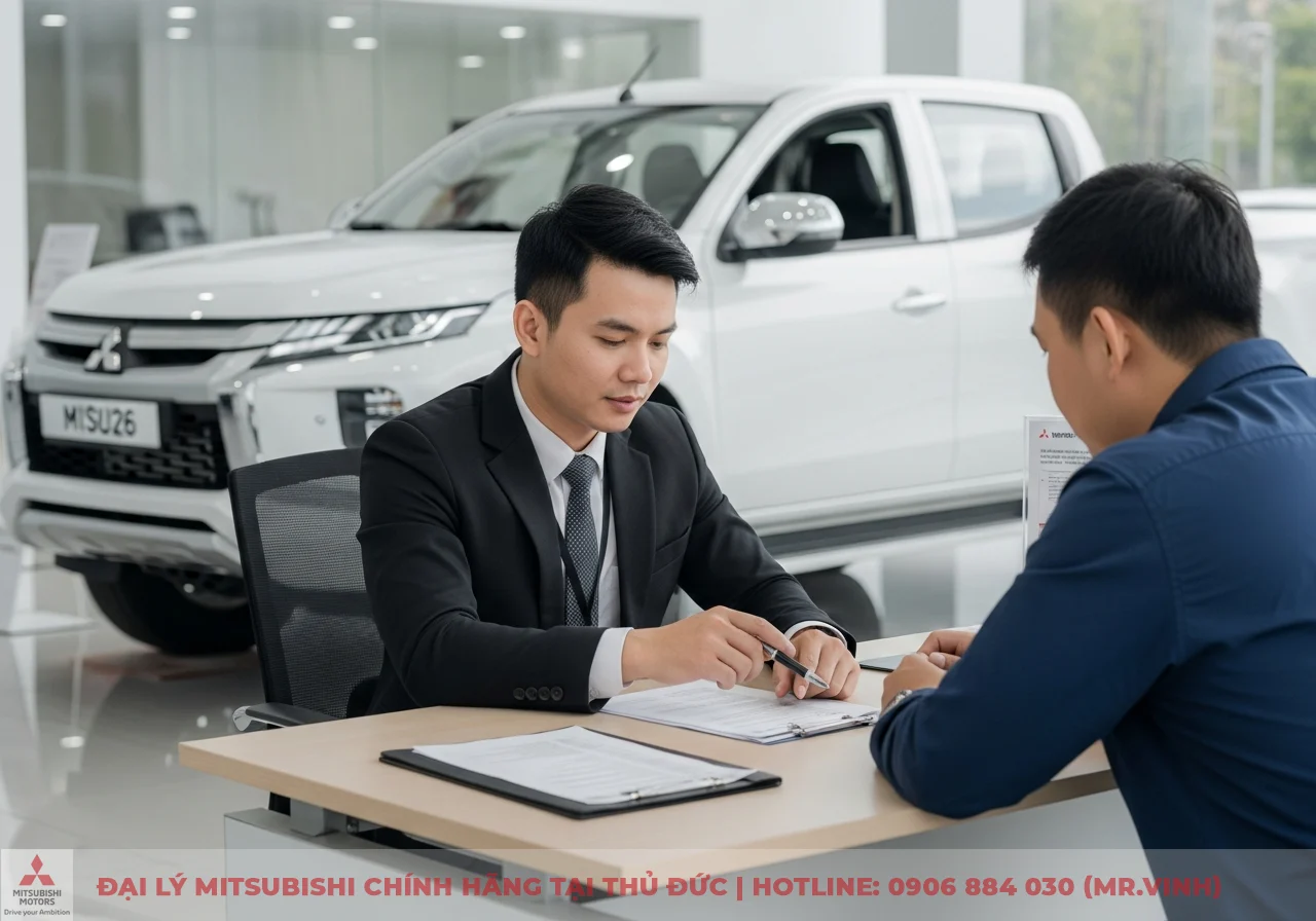 Nh&acirc;n vi&ecirc;n tư vấn Mitsubishi mặc vest đang hướng dẫn kh&aacute;ch h&agrave;ng xem t&agrave;i liệu, ph&iacute;a sau l&agrave; chiếc xe b&aacute;n tải m&agrave;u trắng trong showroom