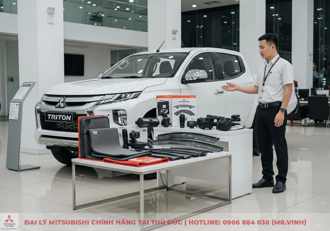 Xe Mitsubishi Triton m&agrave;u trắng trưng b&agrave;y trong showroom c&ugrave;ng nh&acirc;n vi&ecirc;n tư vấn đang giới thiệu phụ kiện xe tr&ecirc;n b&agrave;n ph&iacute;a trước