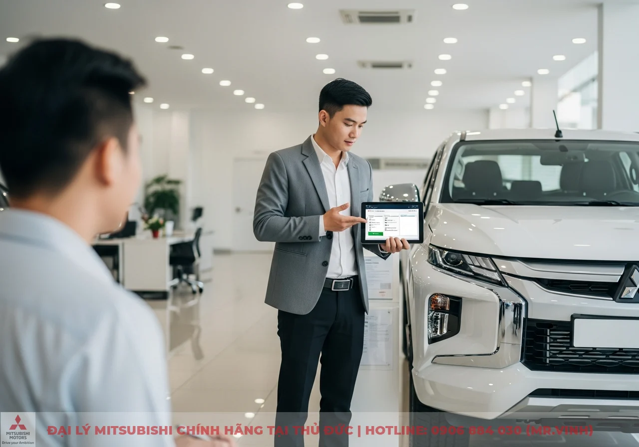 Một nh&acirc;n vi&ecirc;n showroom đang giới thiệu th&ocirc;ng tin tr&ecirc;n m&aacute;y t&iacute;nh bảng cho kh&aacute;ch h&agrave;ng b&ecirc;n cạnh xe b&aacute;n tải Mitsubishi Triton m&agrave;u trắng