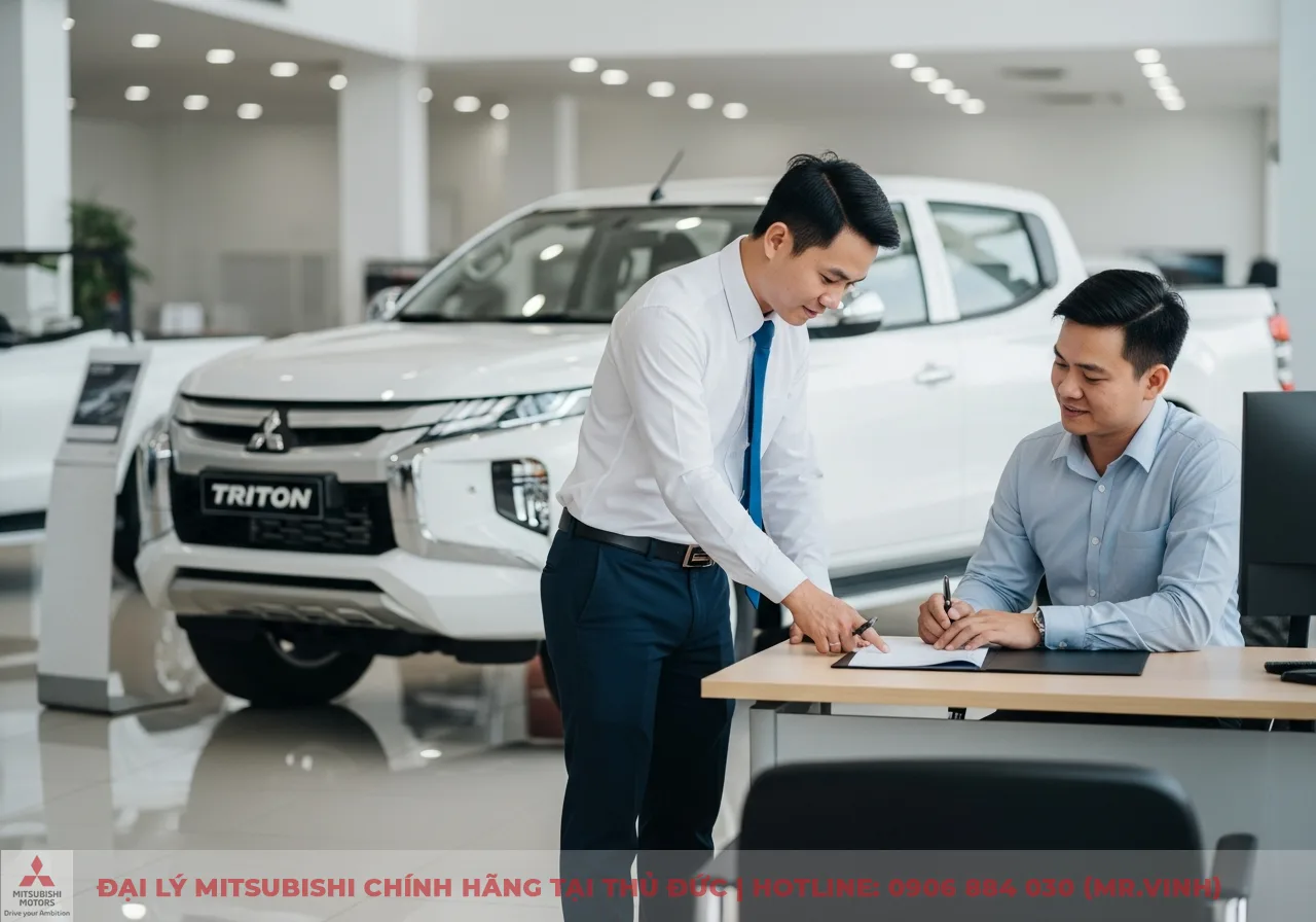 Hai người đ&agrave;n &ocirc;ng tại showroom, một người đứng chỉ dẫn người c&ograve;n lại đang k&yacute; giấy tờ, ph&iacute;a sau l&agrave; xe Mitsubishi Triton m&agrave;u trắng