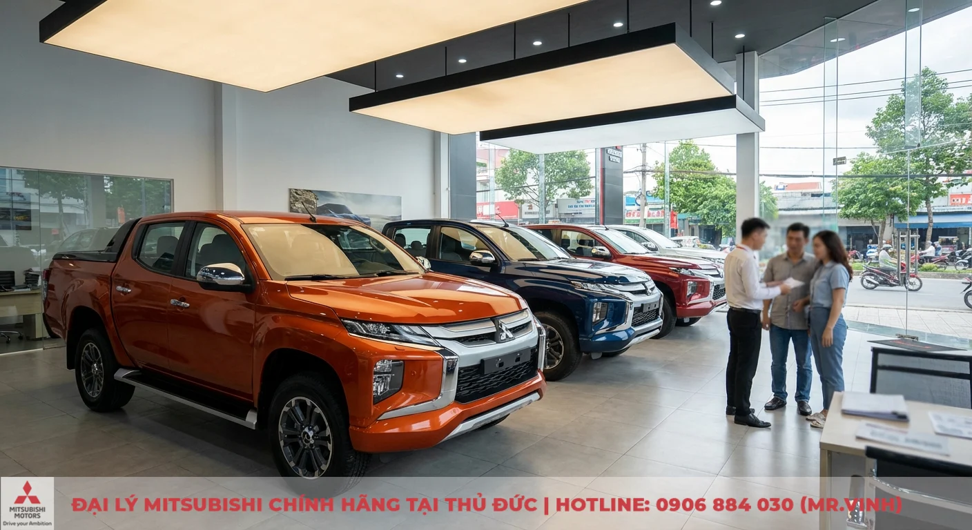 Màu xe Triton 2026: Dự đoán, cập nhật và tùy chọn nổi bật 2 Showroom ô tô trưng bày nhiều xe bán tải Mitsubishi Triton màu cam, xanh, đỏ, có nhân viên tư vấn khách hàng bên cửa sổ