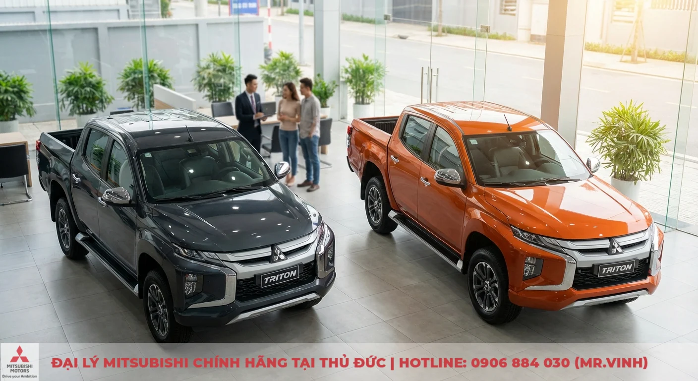 Màu xe Triton 2026: Dự đoán, cập nhật và tùy chọn nổi bật 5 Hai xe bán tải Mitsubishi Triton màu xám và cam được trưng bày trong showroom, cùng khách hàng và nhân viên