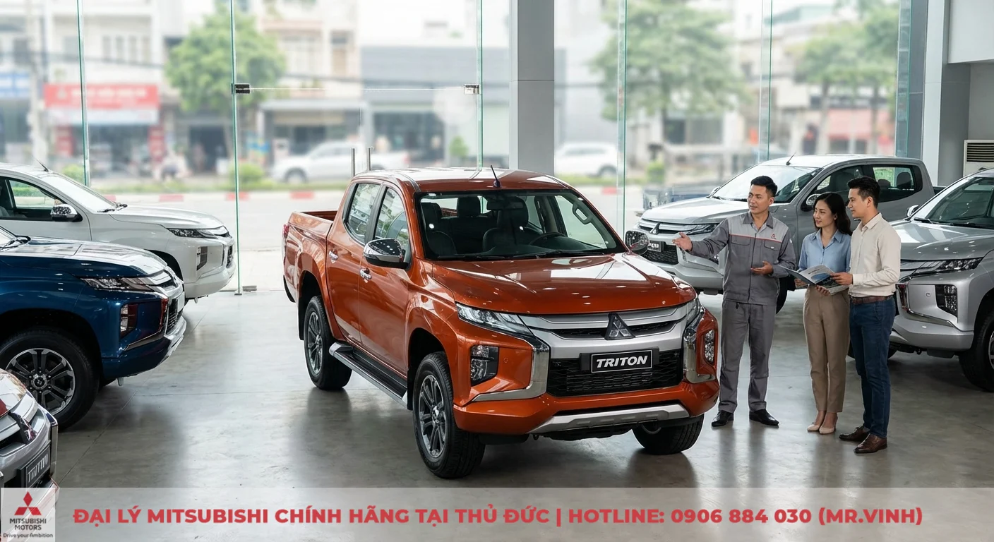 Màu xe Triton 2026: Dự đoán, cập nhật và tùy chọn nổi bật 1 Nhân viên showroom Mitsubishi tư vấn cho cặp đôi khách hàng về xe bán tải Triton màu cam nổi bật, cùng các mẫu xe khác