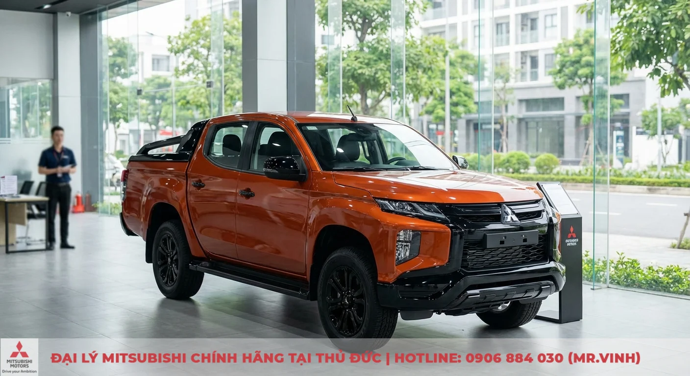Màu xe Triton 2026: Dự đoán, cập nhật và tùy chọn nổi bật 3 Xe bán tải Mitsubishi Triton Athlete màu cam ánh kim với bộ mâm đen, thiết kế hầm hố trong showroom kính