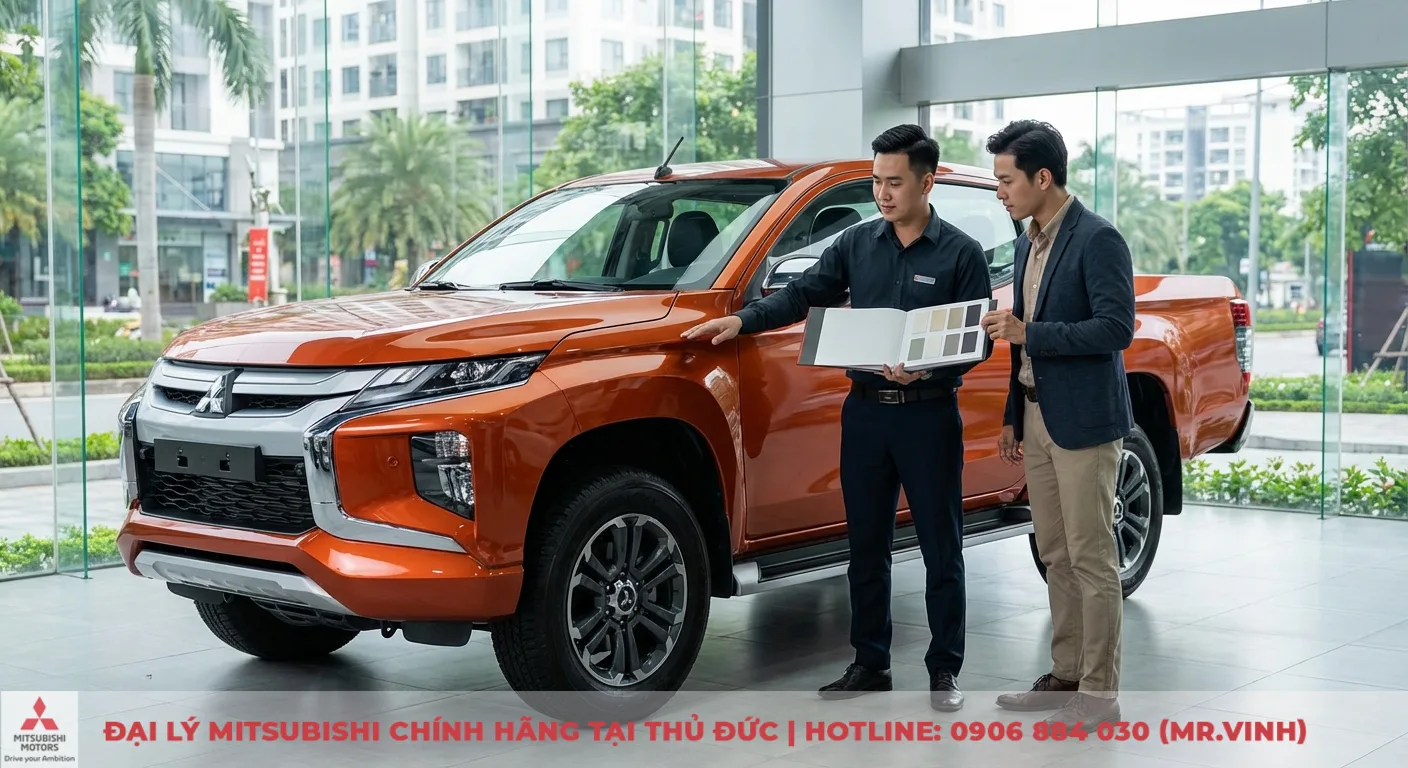 Màu xe Triton 2026: Dự đoán, cập nhật và tùy chọn nổi bật 6 Một nhân viên tư vấn đang giới thiệu các lựa chọn màu xe Triton màu cam cho khách hàng trong showroom Mitsubishi