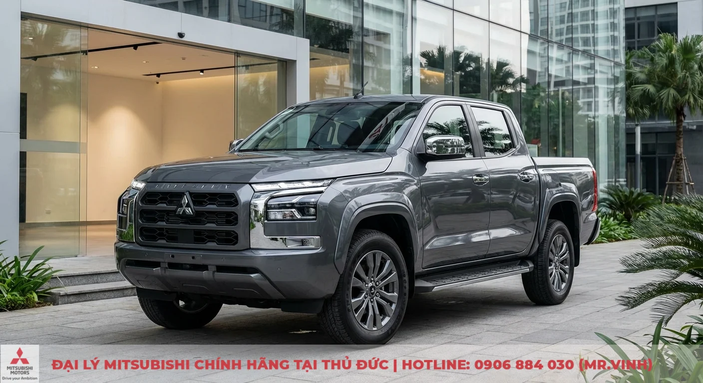 Mitsubishi Triton 2026 có gì mới: Cập nhật thiết kế, động cơ & công nghệ 1 Xe bán tải Mitsubishi Triton 2026 màu xám với lưới tản nhiệt Dynamic Shield, đèn LED sắc sảo và mâm hợp kim lớn, đỗ trước tòa nhà kính hiện đại