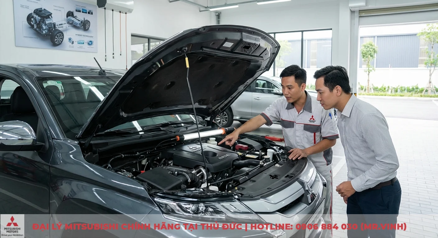 Mitsubishi Triton 2026 có gì mới: Cập nhật thiết kế, động cơ & công nghệ 3 Kỹ thuật viên Mitsubishi đang chỉ động cơ diesel của xe bán tải Triton cho khách hàng trong gara, phía sau có poster công nghệ hybrid