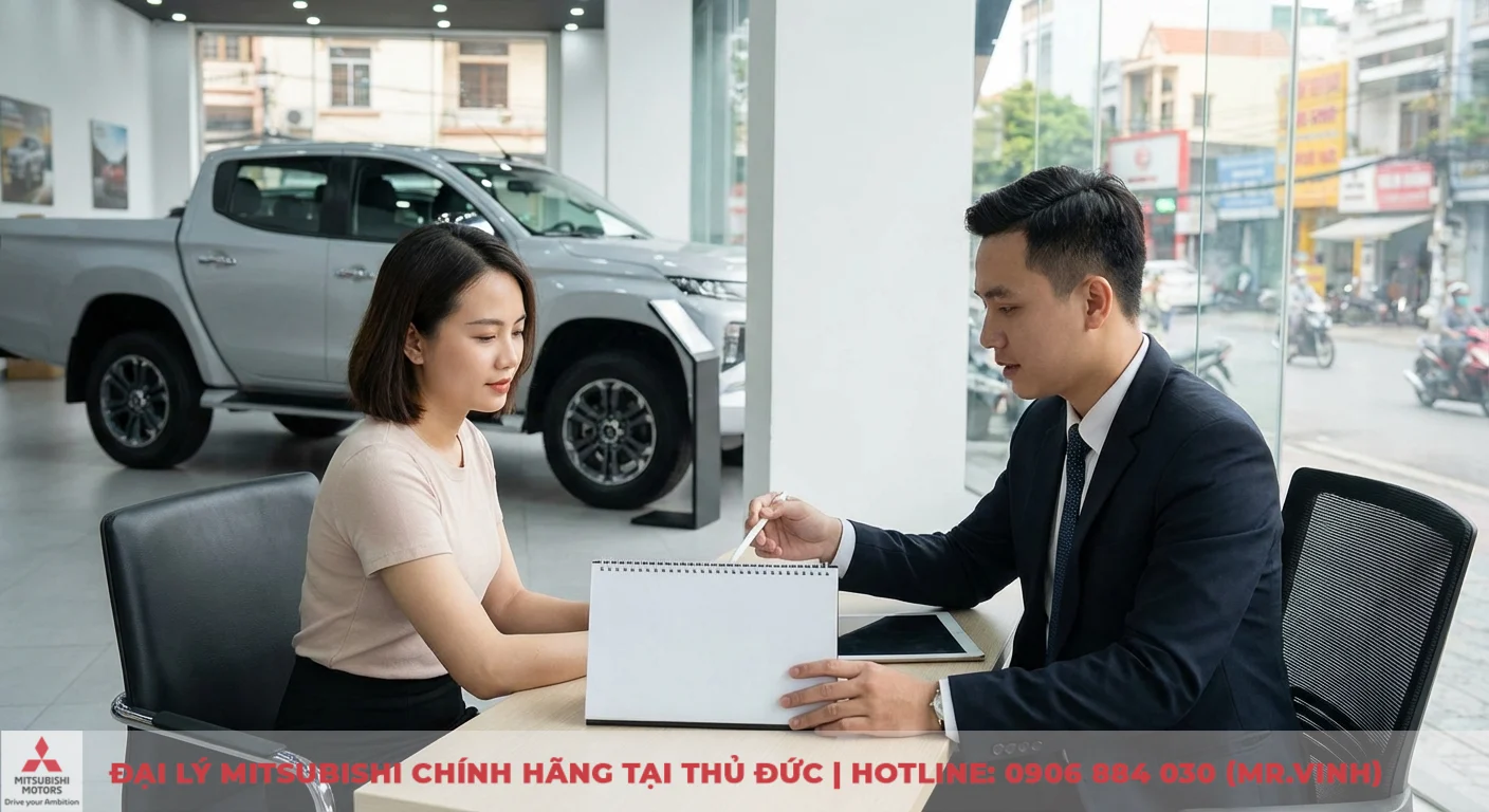 Mitsubishi Triton 2026 có gì mới: Cập nhật thiết kế, động cơ & công nghệ 4 Hai người đang ngồi bàn trong showroom ôtô, nhân viên tư vấn chỉ sổ tay cho khách hàng, xe bán tải Mitsubishi Triton phía sau