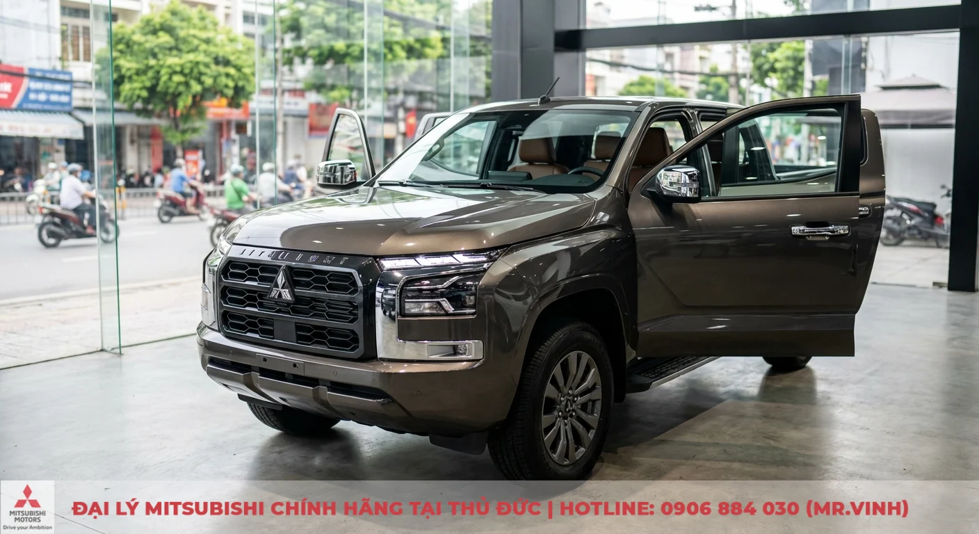 Mitsubishi Triton 2026 có gì mới: Cập nhật thiết kế, động cơ & công nghệ 5 Xe bán tải Mitsubishi Triton màu đồng mới trong showroom kính, cửa trước mở hé lộ nội thất nâu, phía sau là đường phố đông đúc xe máy