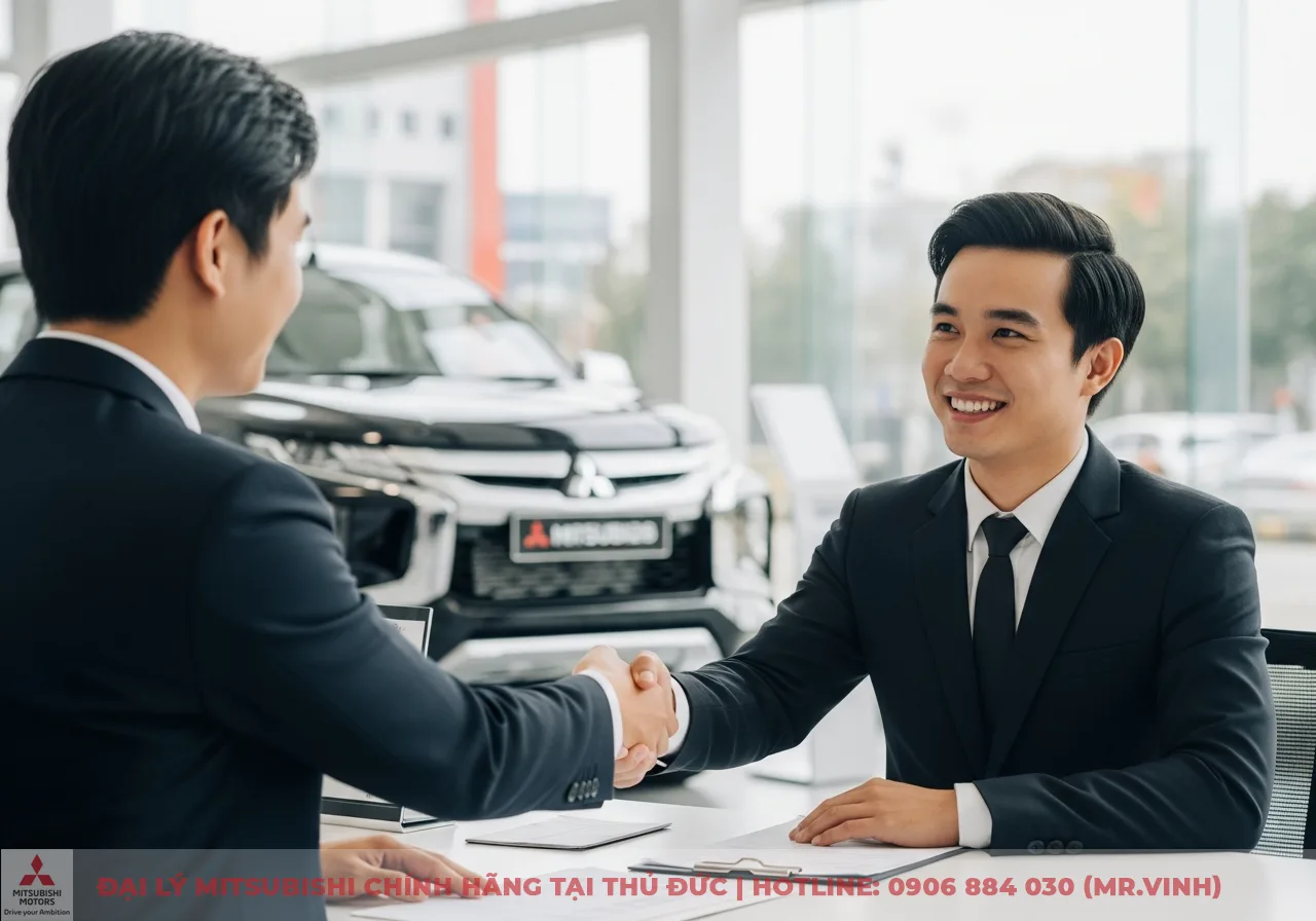Hai người đ&agrave;n &ocirc;ng mặc vest bắt tay nhau tại b&agrave;n l&agrave;m việc, một người mỉm cười, ph&iacute;a sau l&agrave; showroom với xe Mitsubishi m&agrave;u đen