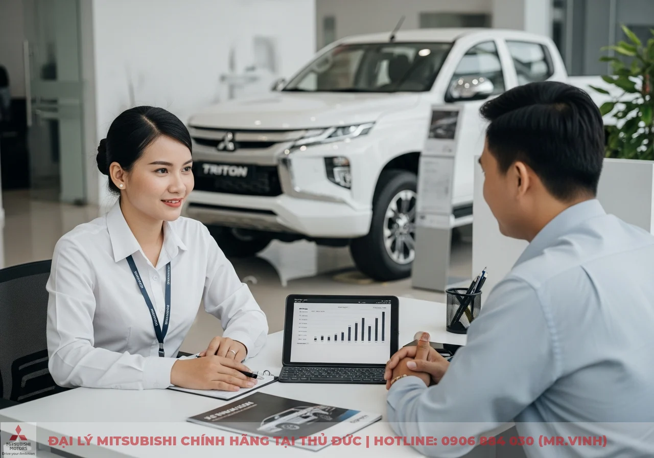 Tư vấn vi&ecirc;n nữ mỉm cười tr&ograve; chuyện với kh&aacute;ch h&agrave;ng nam tại b&agrave;n l&agrave;m việc trong showroom, sau lưng l&agrave; xe Mitsubishi Triton m&agrave;u trắng