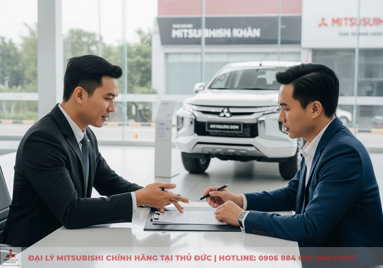 Hai người đ&agrave;n &ocirc;ng mặc vest ngồi tại b&agrave;n trong showroom, một người chỉ v&agrave;o t&agrave;i liệu tr&ecirc;n kẹp, người kia cầm b&uacute;t, ph&iacute;a sau l&agrave; xe Triton m&agrave;u trắng