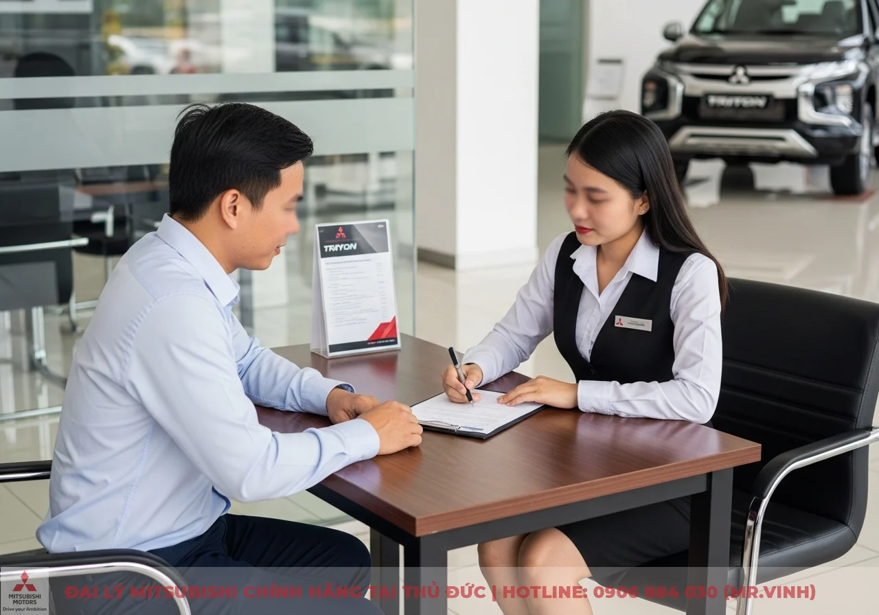 Tư vấn vi&ecirc;n Mitsubishi mặc đồng phục đang ghi ch&eacute;p với kh&aacute;ch h&agrave;ng tại b&agrave;n, ph&iacute;a sau l&agrave; chiếc xe b&aacute;n tải Triton m&agrave;u đen