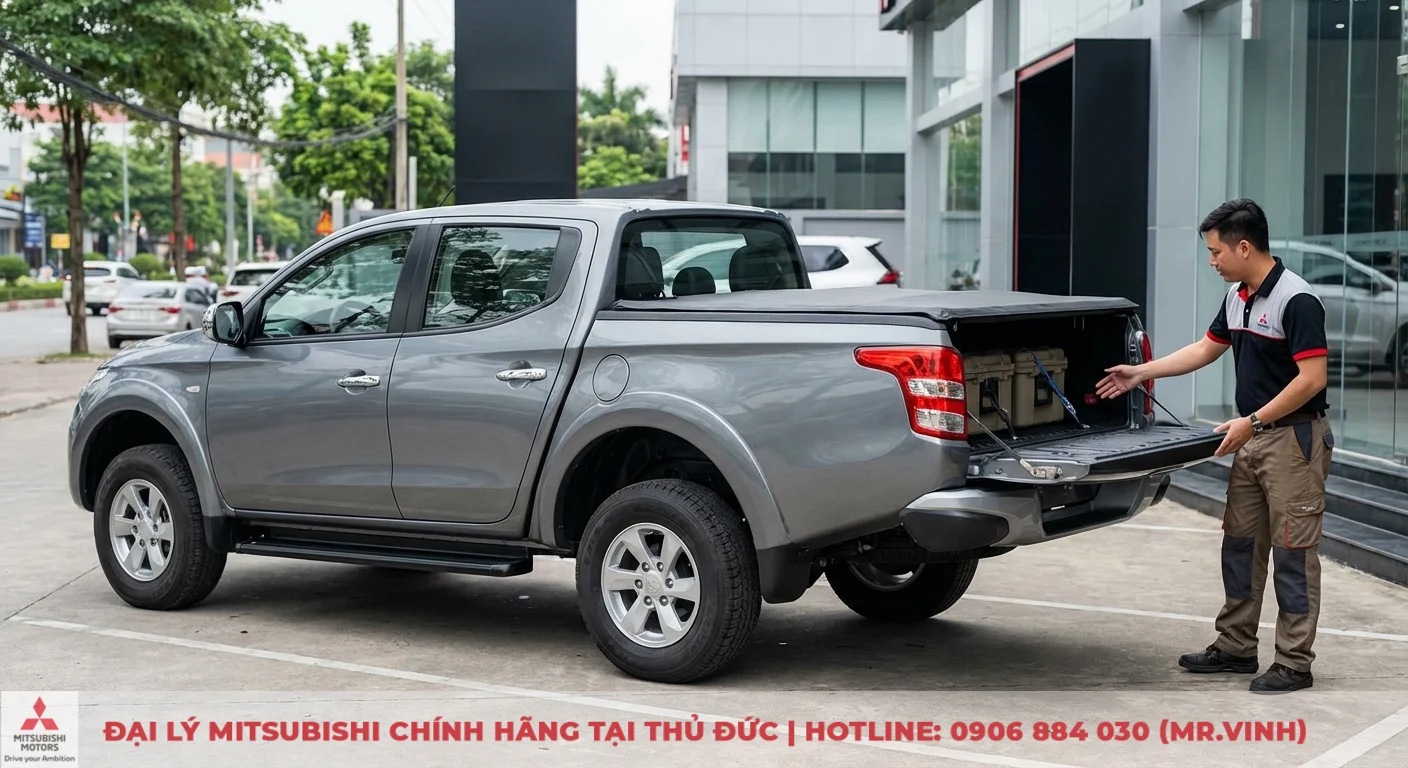 Xe b&aacute;n tải Mitsubishi Triton m&agrave;u x&aacute;m với v&ograve;m b&aacute;nh xe mở rộng, người đ&agrave;n &ocirc;ng mở nắp th&ugrave;ng b&aacute;n tải kiểm tra h&agrave;ng