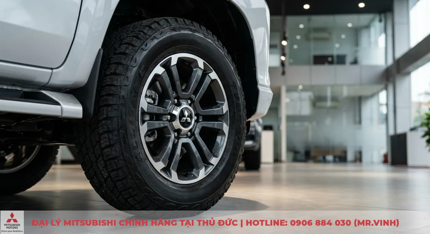 B&aacute;nh xe v&agrave; lốp đa địa h&igrave;nh của xe b&aacute;n tải Mitsubishi Triton m&agrave;u bạc, m&acirc;m hợp kim đa chấu c&oacute; logo Mitsubishi