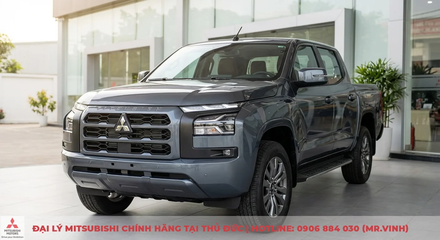 Xe b&aacute;n tải Mitsubishi Triton m&agrave;u x&aacute;m đậm đỗ trước t&ograve;a nh&agrave; k&iacute;nh, với lưới tản nhiệt lớn, đ&egrave;n pha LED v&agrave; c&aacute;c cảm biến ph&iacute;a trước