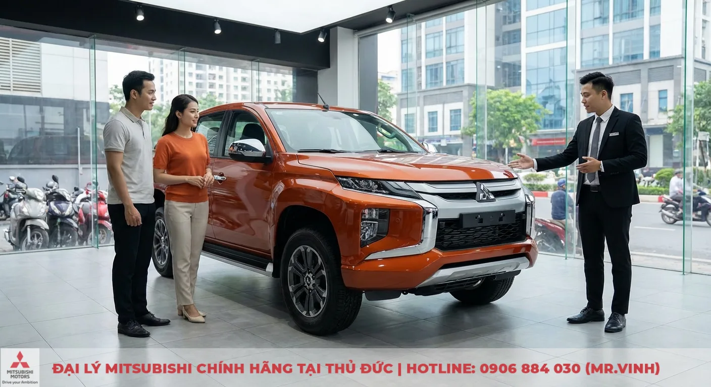 Nội thất showroom với xe b&aacute;n tải Mitsubishi Triton m&agrave;u cam, nh&acirc;n vi&ecirc;n b&aacute;n h&agrave;ng đang giới thiệu cho cặp kh&aacute;ch h&agrave;ng nam nữ