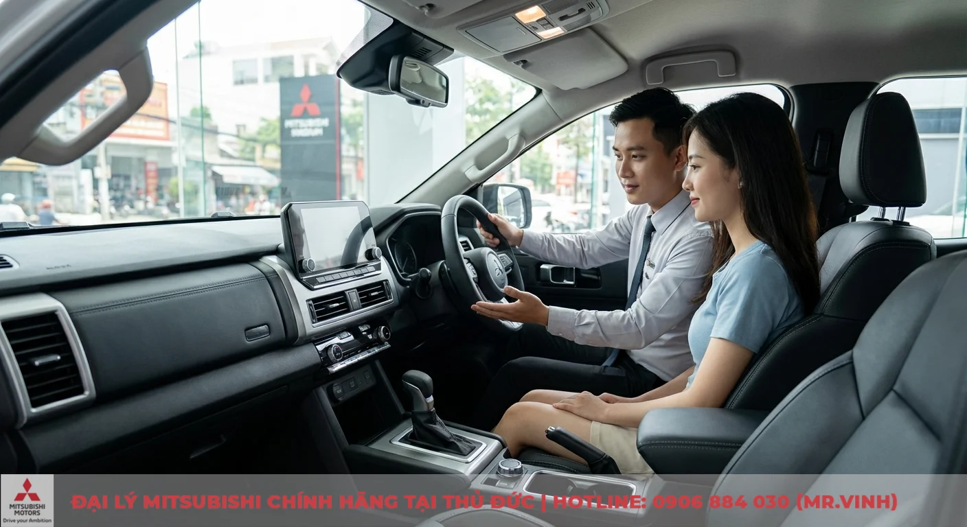 Nội thất Triton 2026: Đánh giá chi tiết thiết kế, công nghệ & tiện nghi 4 Nội thất xe Mitsubishi Triton 2026 với nhân viên tư vấn giới thiệu tính năng cho khách hàng nữ tại đại lý Mitsubishi Saigon
