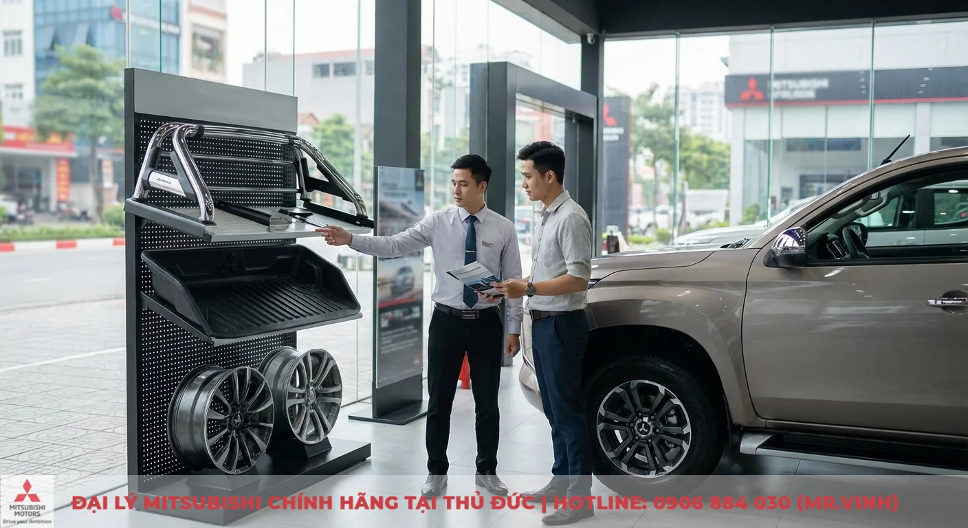 Nh&acirc;n vi&ecirc;n b&aacute;n h&agrave;ng chỉ phụ kiện xe tr&ecirc;n kệ trưng b&agrave;y cho kh&aacute;ch h&agrave;ng, cạnh chiếc b&aacute;n tải Mitsubishi Triton m&agrave;u n&acirc;u trong showroom