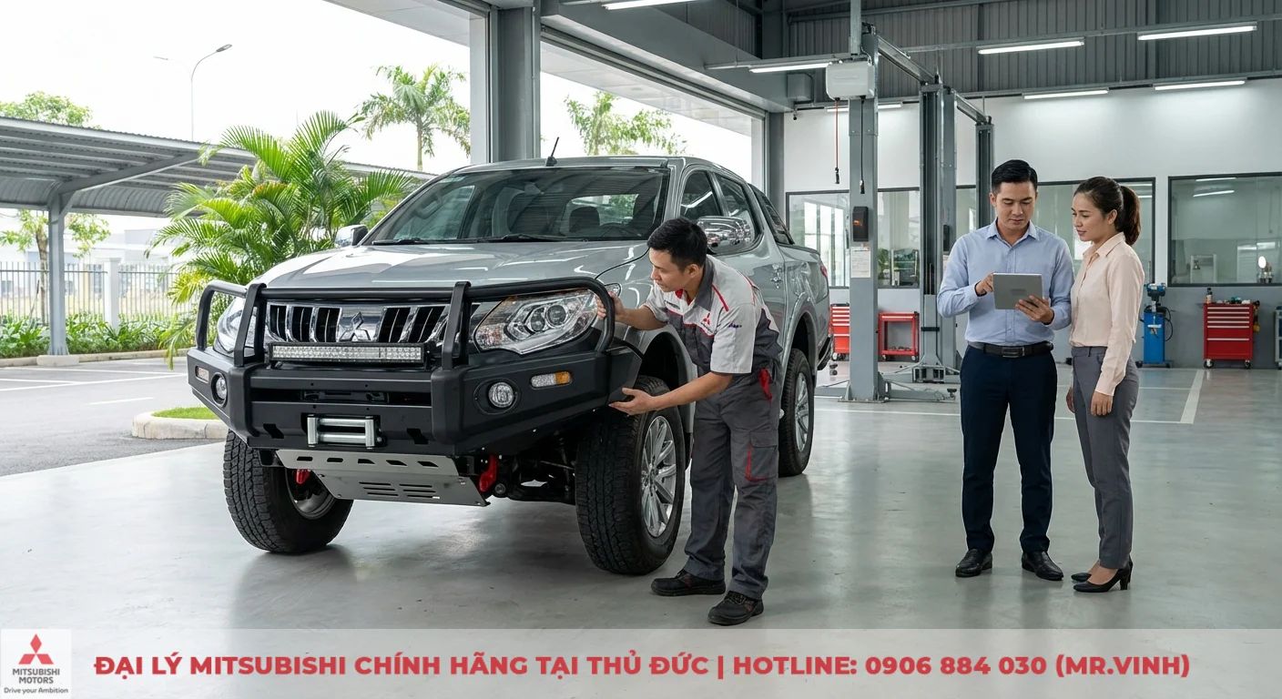 Xe b&aacute;n tải Mitsubishi Triton m&agrave;u bạc c&oacute; cản sắt trước, đ&egrave;n LED v&agrave; tời, kỹ thuật vi&ecirc;n đang kiểm tra, kh&aacute;ch h&agrave;ng xem m&aacute;y t&iacute;nh bảng tại xưởng dịch vụ