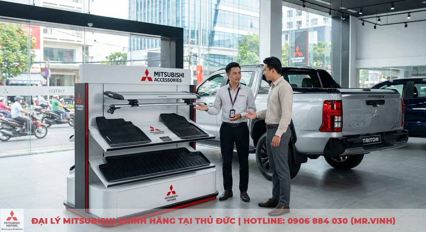 Showroom Mitsubishi trưng b&agrave;y phụ kiện ch&iacute;nh h&atilde;ng, với hai người đ&agrave;n &ocirc;ng xem thảm s&agrave;n, gi&aacute; n&oacute;c v&agrave; xe Triton